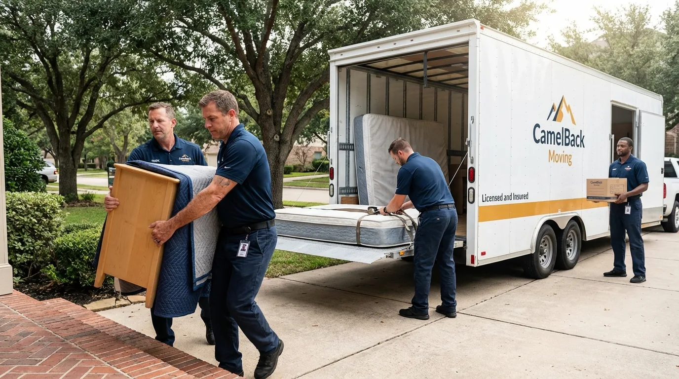 Crew loading residential truck for cross-state move from Milan, IN