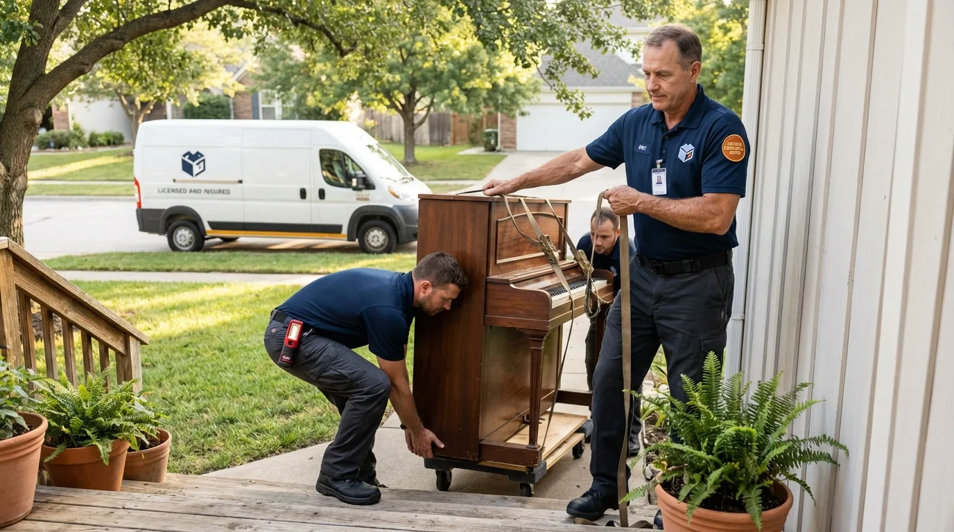 Licensed piano movers securing grand piano in Milan, IN