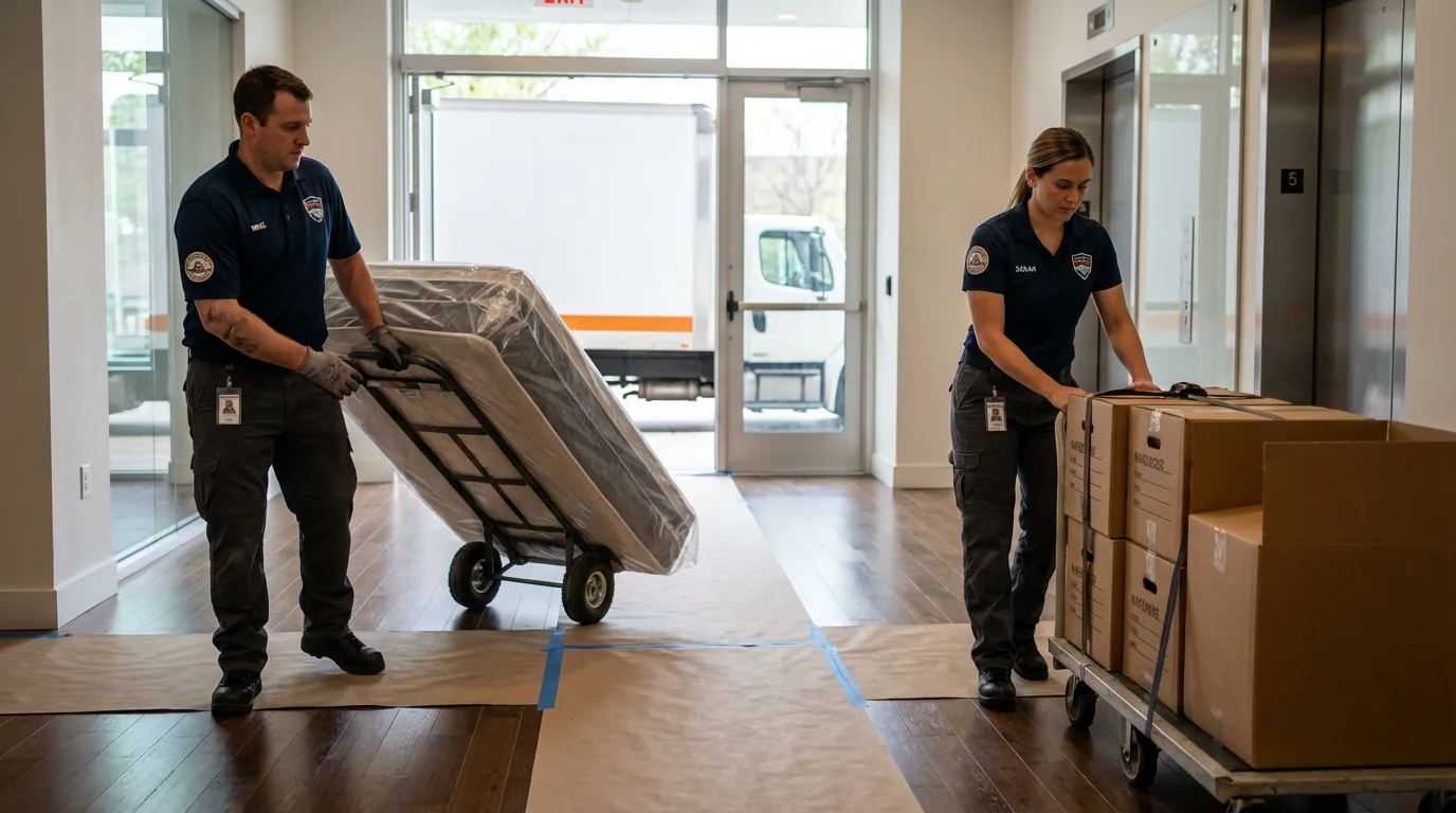 Professional apartment movers loading elevator in Milan, IN