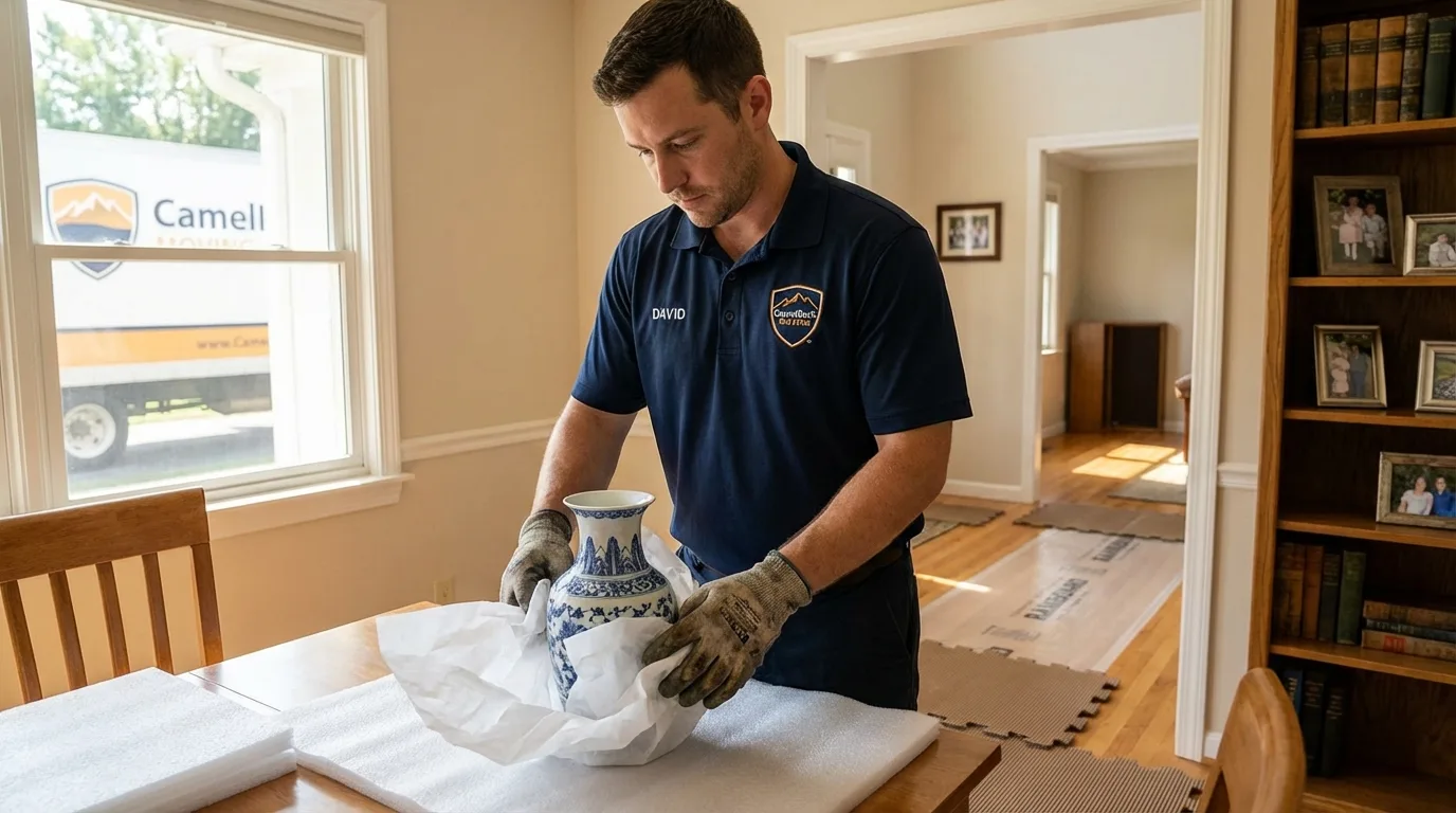 Professional crew carefully wrapping antique vase for senior downsizing move in Milan, IN